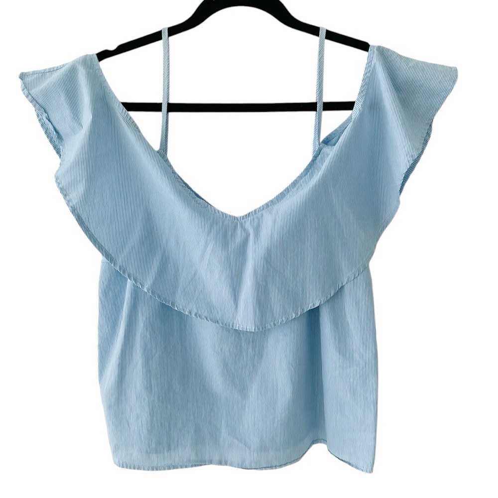 Miley + Molly Ruffle Cold Shoulder Blouse Blue Pinstripe Size Large